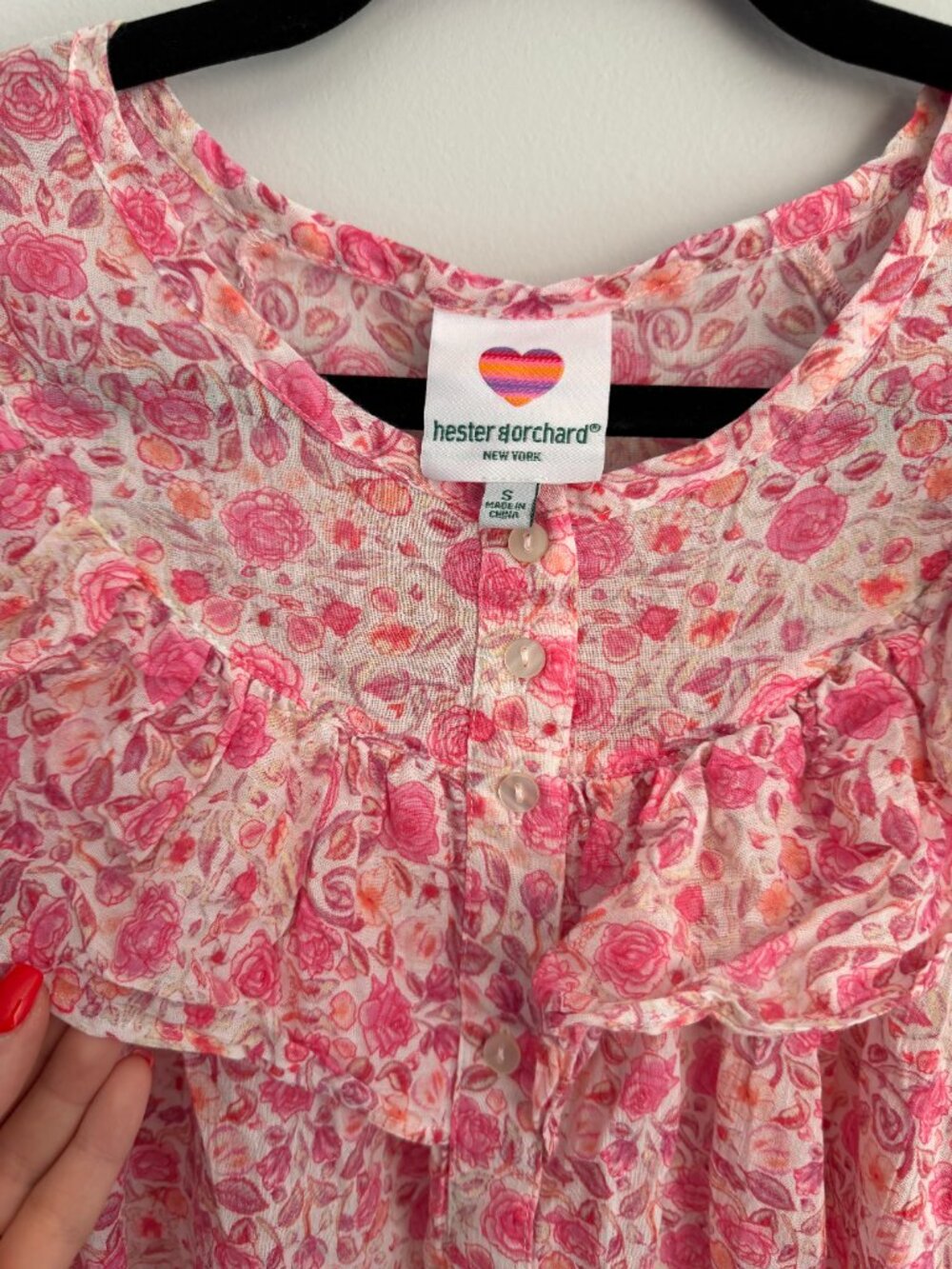 Hester & Orchard Pink Floral Ruffle Button Up Blouse 100% Cotton Feminine - Picture 6 of 11